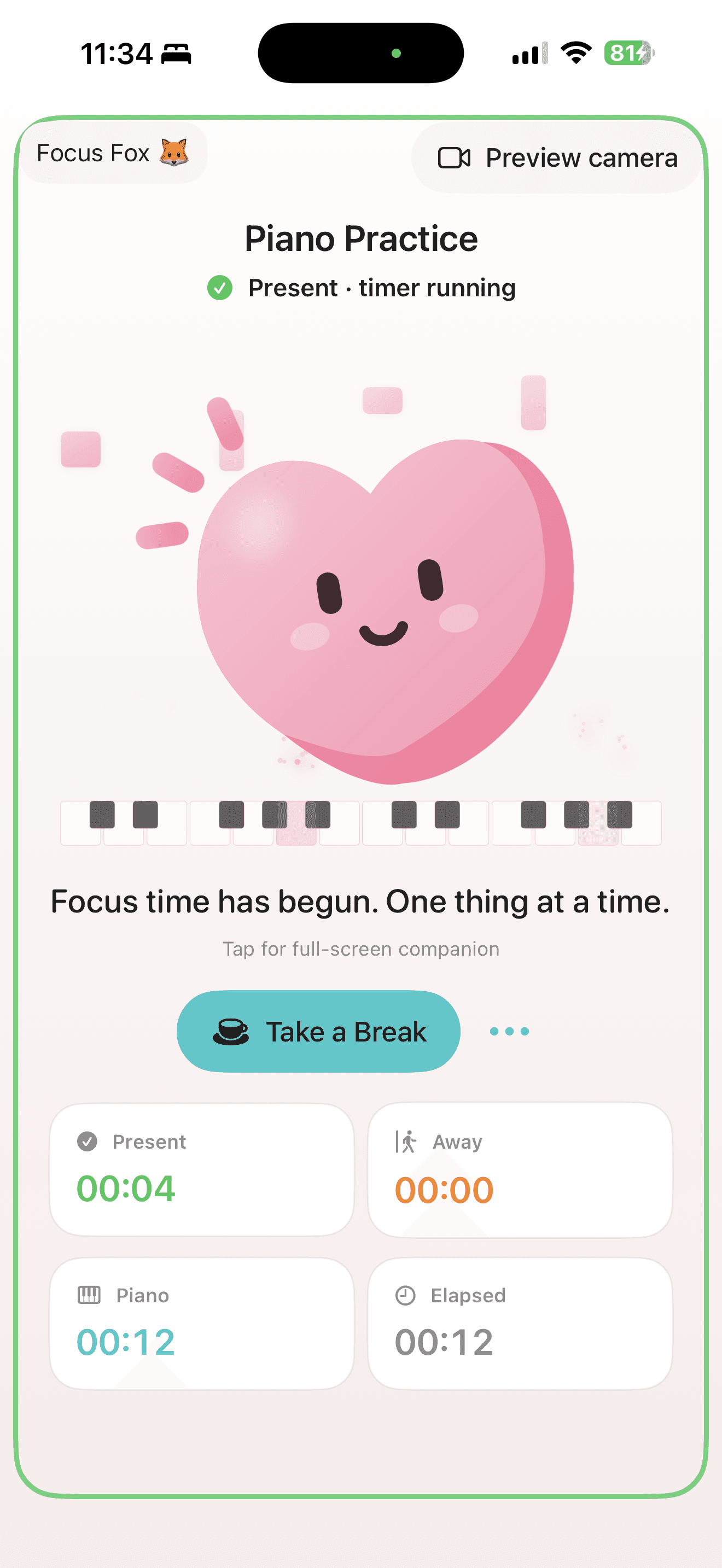 Piano practice session with a pink heart companion and present, away, piano, and elapsed counters
