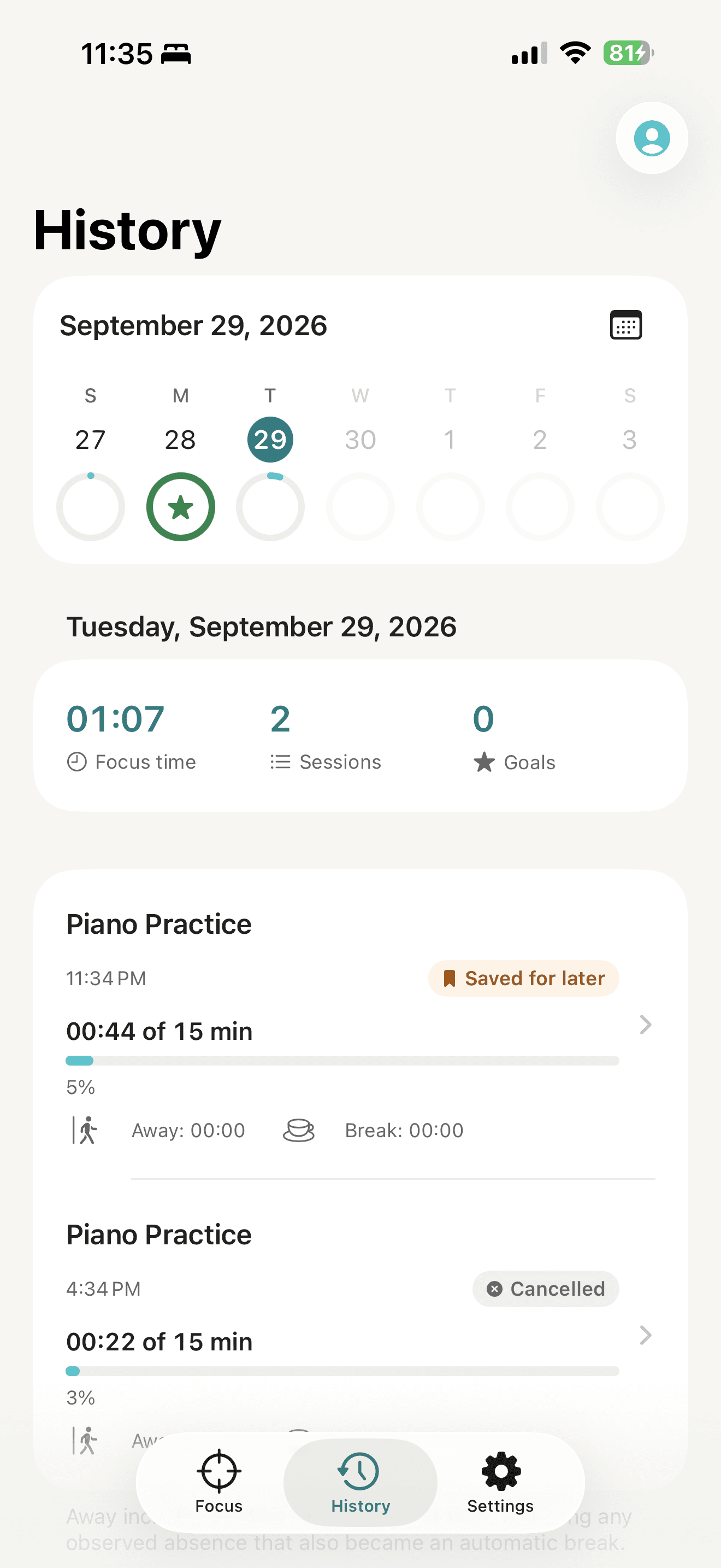 Session history with a saved piano practice session